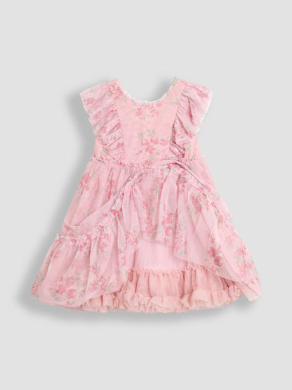 Dsiney Kidz - JoJo Maman Bébé Pink Floral Floral Ruffle Shoulder Tiered Tulle Dress image 8