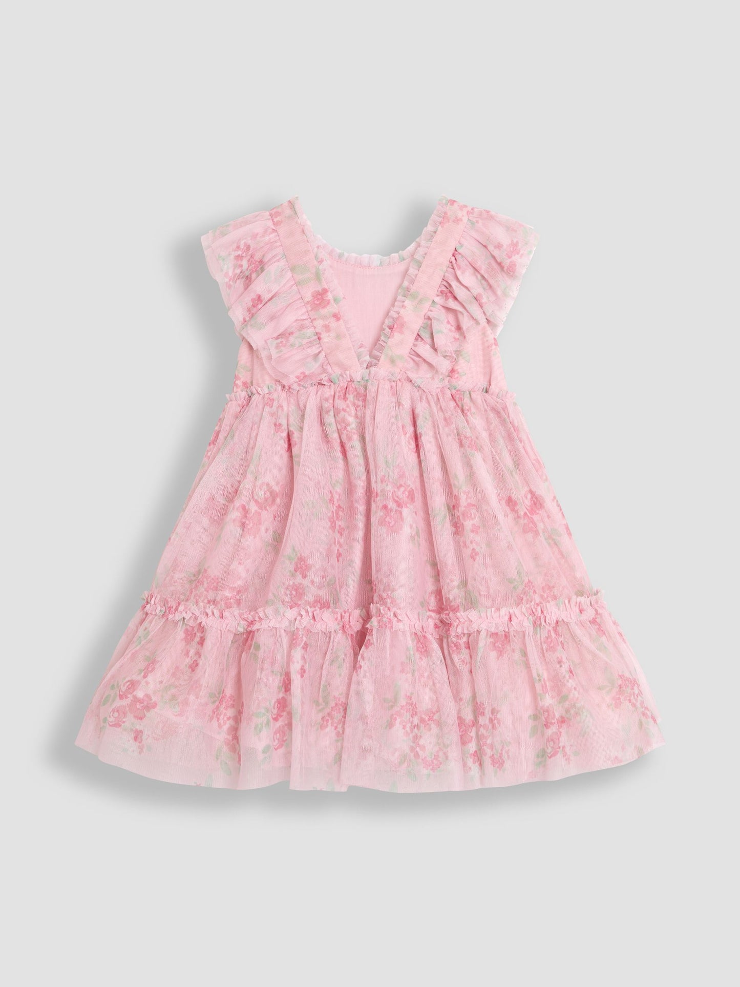 Dsiney Kidz - JoJo Maman Bébé Pink Floral Floral Ruffle Shoulder Tiered Tulle Dress image 9