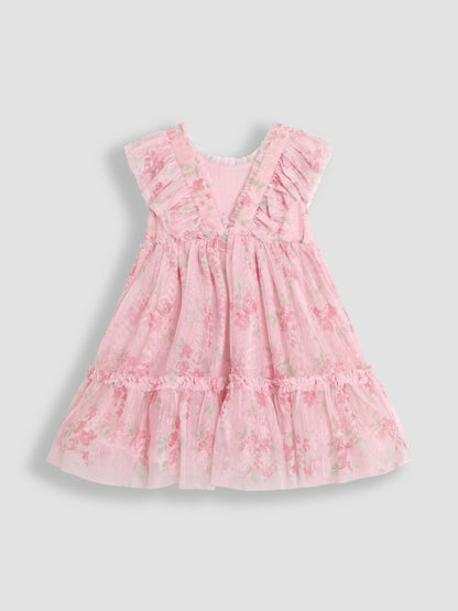 Dsiney Kidz - JoJo Maman Bébé Pink Floral Floral Ruffle Shoulder Tiered Tulle Dress image 9