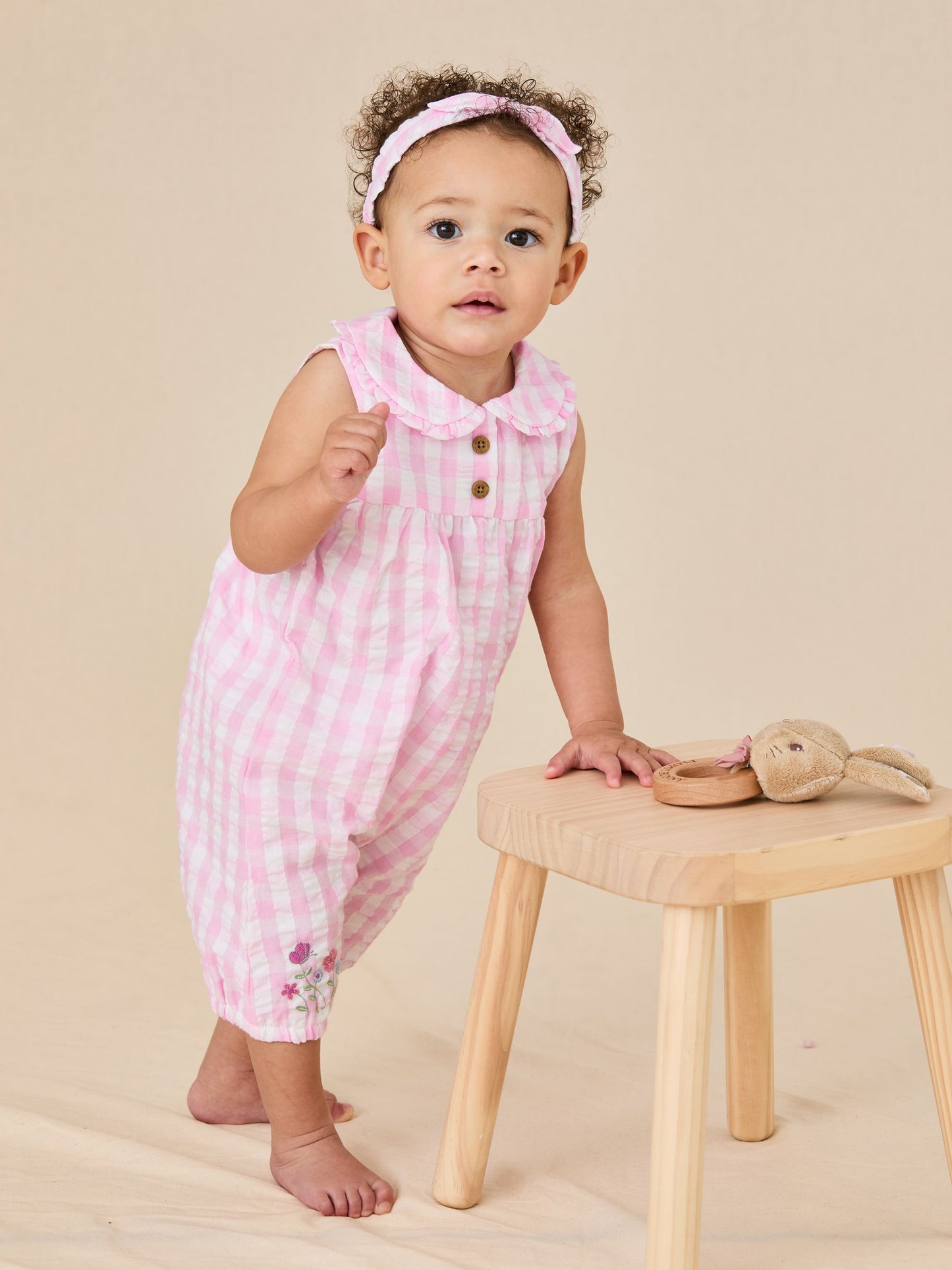 JoJo Maman Bébé Pink Gingham Peter Flopsy Bunny Jumpsuit & Headband Set image 2