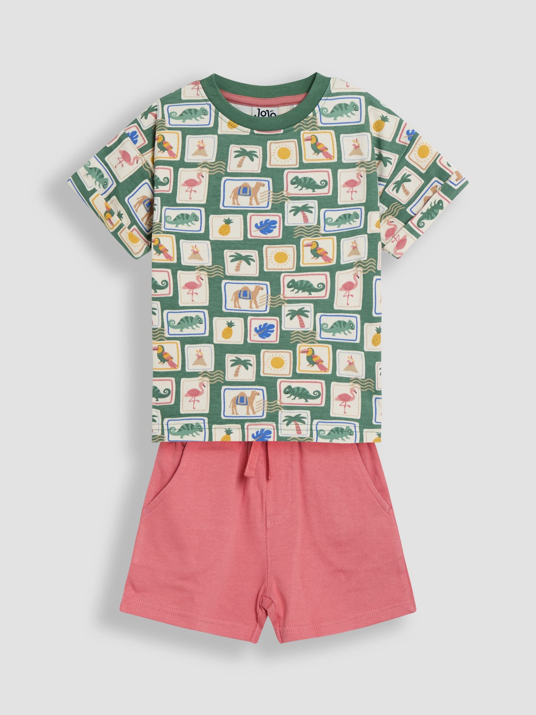 Dsiney Kidz - JoJo Maman Bébé Khaki Tropical Postcard 2-Piece Printed T-Shirt & Short Set image 1