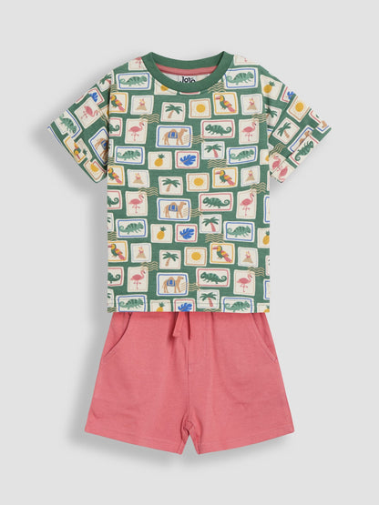 Dsiney Kidz - JoJo Maman Bébé Khaki Tropical Postcard 2-Piece Printed T-Shirt & Short Set image 1