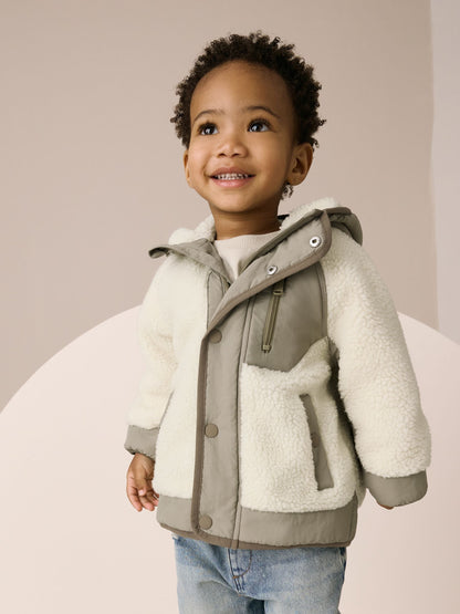 Khaki/Cream Colourblock Borg Jacket (3mths-7yrs)