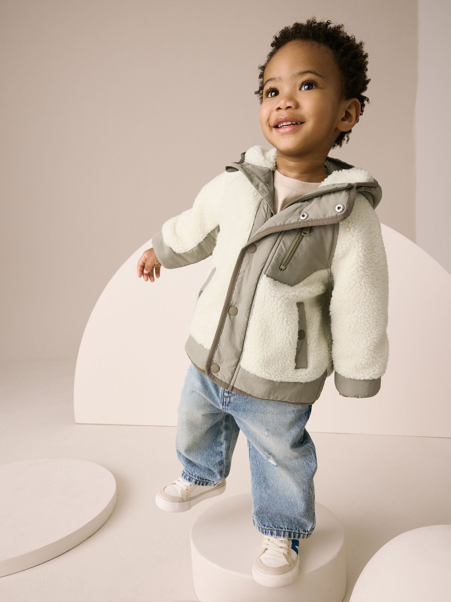 Khaki/Cream Colourblock Borg Jacket (3mths-7yrs)