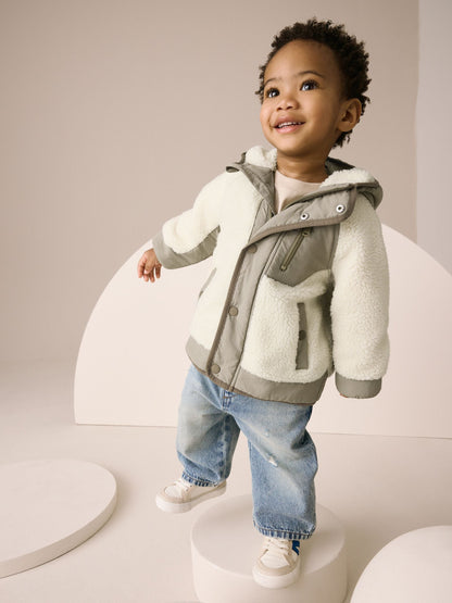Khaki/Cream Colourblock Borg Jacket (3mths-7yrs)
