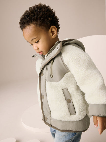 Khaki/Cream Colourblock Borg Jacket (3mths-7yrs)