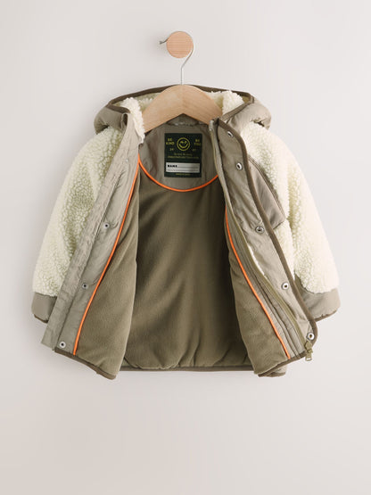 Khaki/Cream Colourblock Borg Jacket (3mths-7yrs)