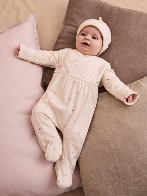 JoJo Maman Bébé Cream Heart Embroidered Cotton 2-Piece Sleepsuit and Hat Set image 1