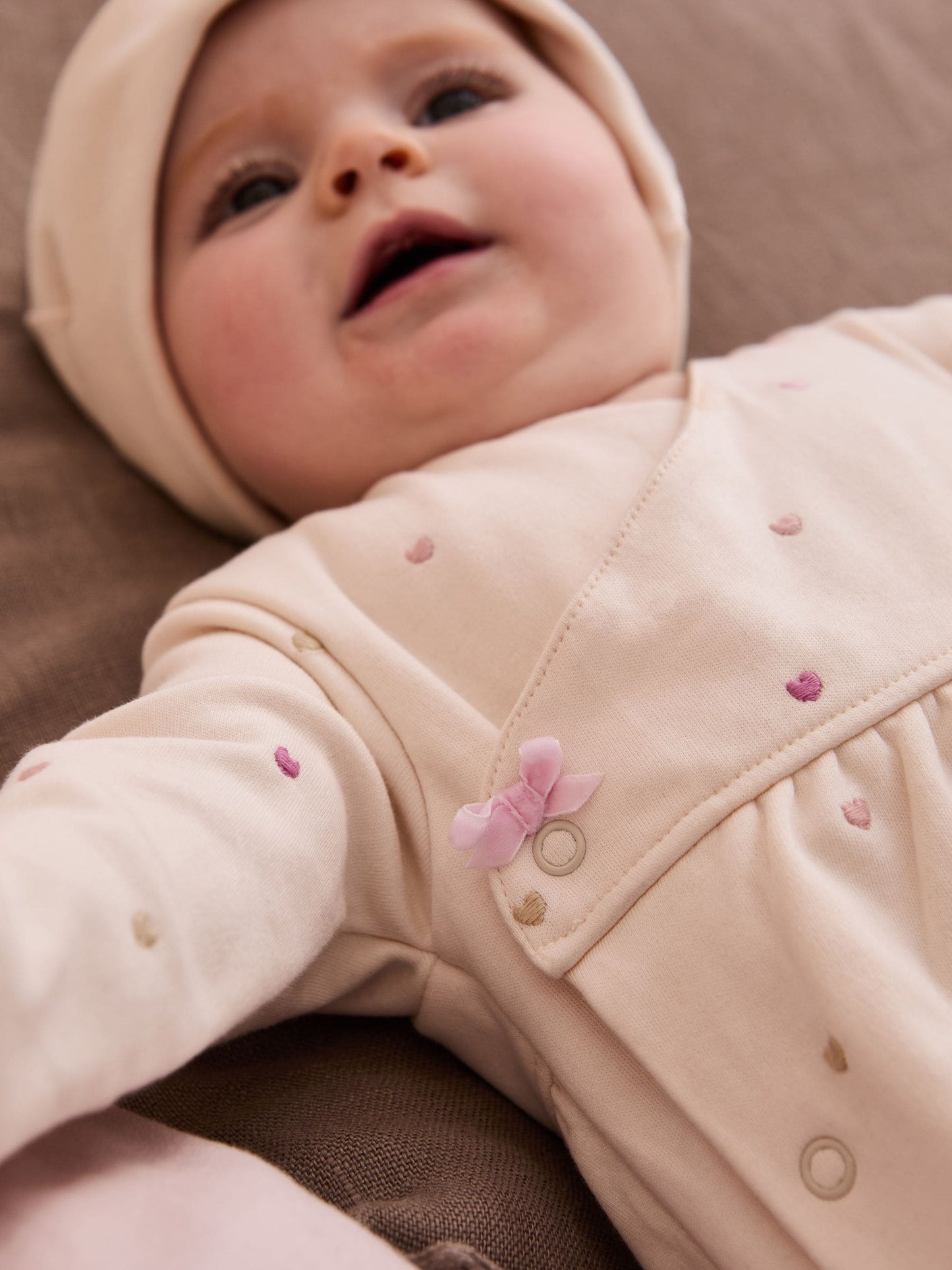 JoJo Maman Bébé Cream Heart Embroidered Cotton 2-Piece Sleepsuit and Hat Set image 3