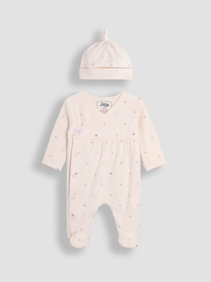 JoJo Maman Bébé Cream Heart Embroidered Cotton 2-Piece Sleepsuit and Hat Set image 4