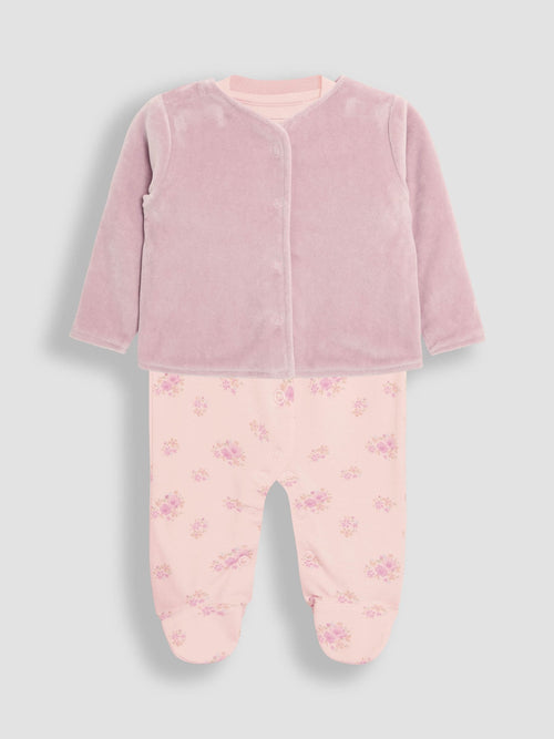 JoJo Maman Bébé Floral 2-Piece Baby Sleepsuit & Velour Jacket Set image 1