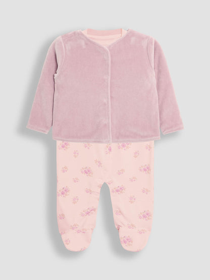 JoJo Maman Bébé Floral 2-Piece Baby Sleepsuit & Velour Jacket Set image 1