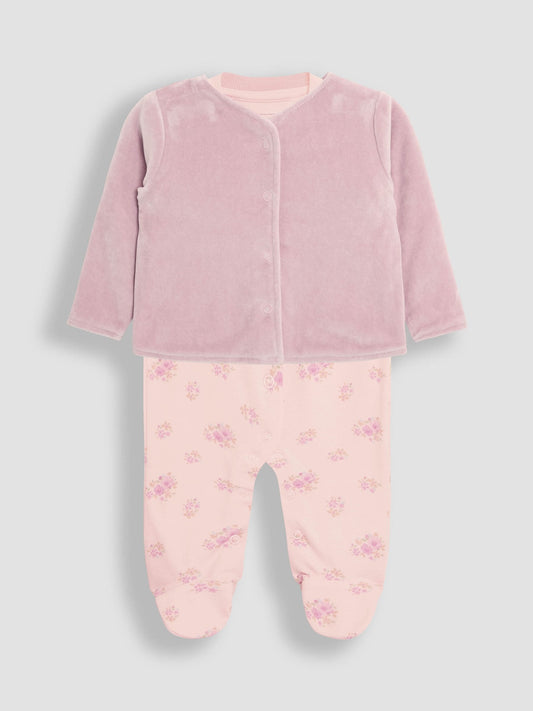 JoJo Maman Bébé Floral 2-Piece Baby Sleepsuit & Velour Jacket Set image 1