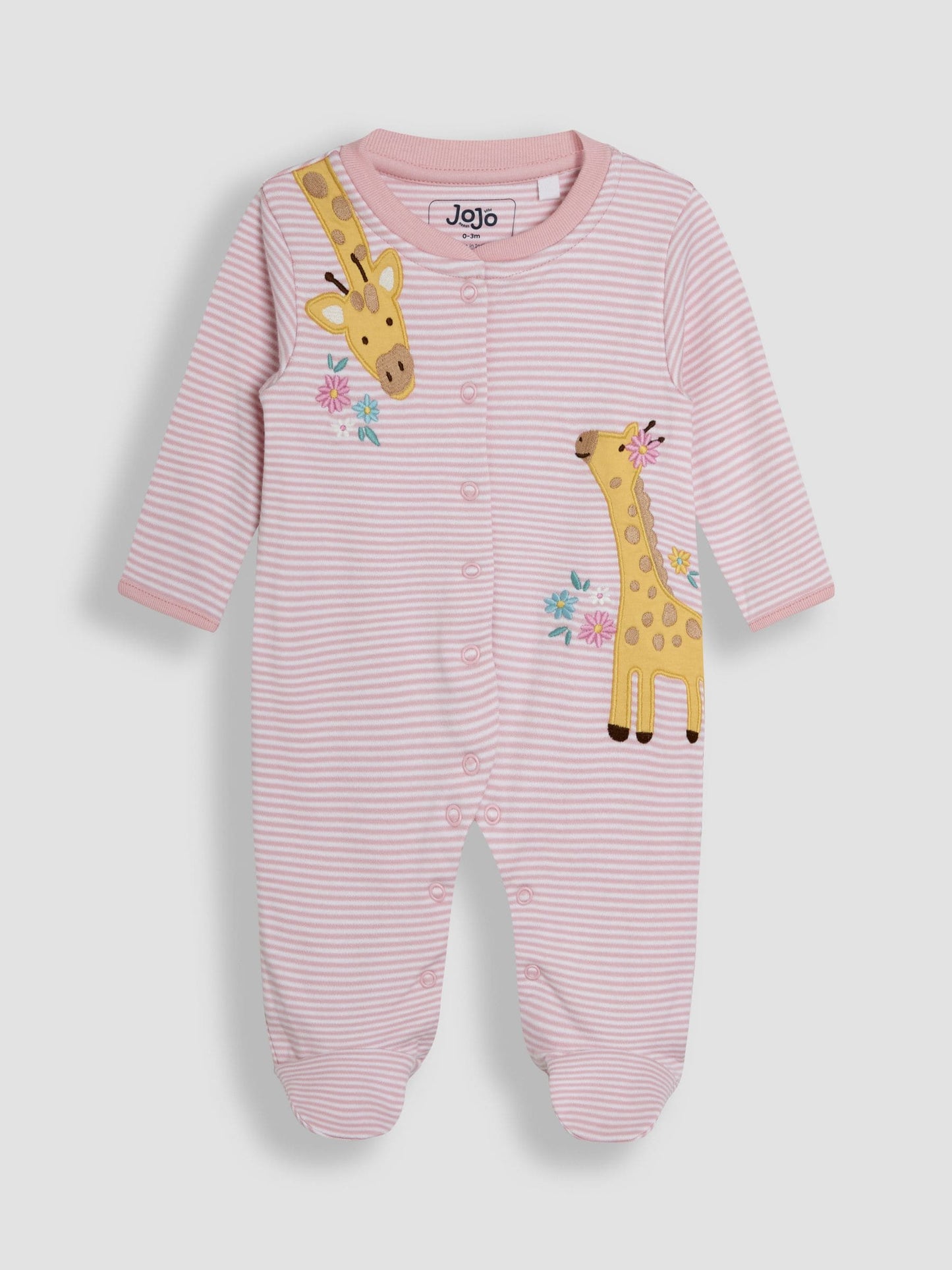 JoJo Maman Bébé Pink Giraffe Cotton Appliqué Popper Sleepsuit image 3