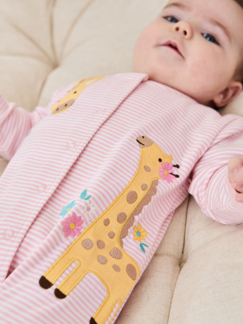 JoJo Maman Bébé Pink Giraffe Cotton Appliqué Popper Sleepsuit image 1