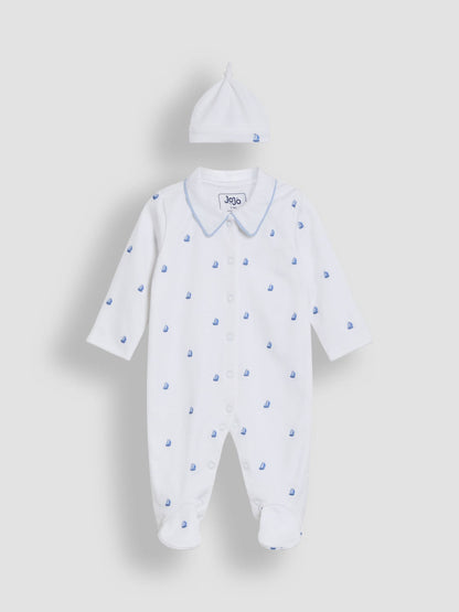 JoJo Maman Bébé White Cotton 2-Piece Embroidered Sleepsuit and Hat Set image 4