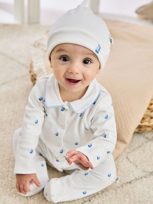 JoJo Maman Bébé White Cotton 2-Piece Embroidered Sleepsuit and Hat Set image 1