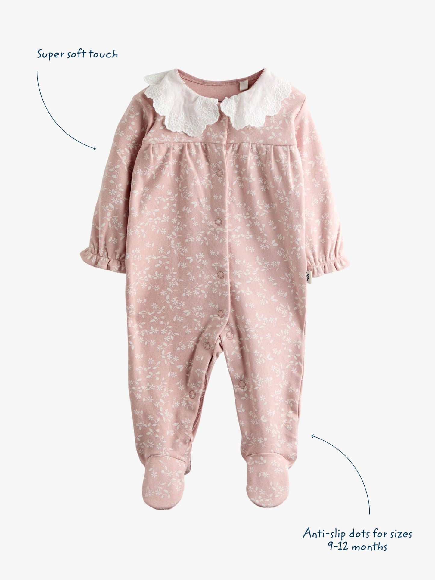 JoJo Maman Bébé Pink Ditsy Floral Organic Cotton Sleepsuit image 3