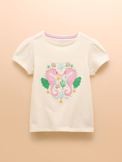 Joules Girls' Astra Cream Seahorse Applique Cotton T-Shirt image 1