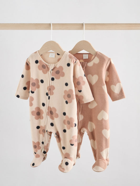 Neutral 2 Pack Micro Fleece Two Way Zip Baby Sleepsuits image 1