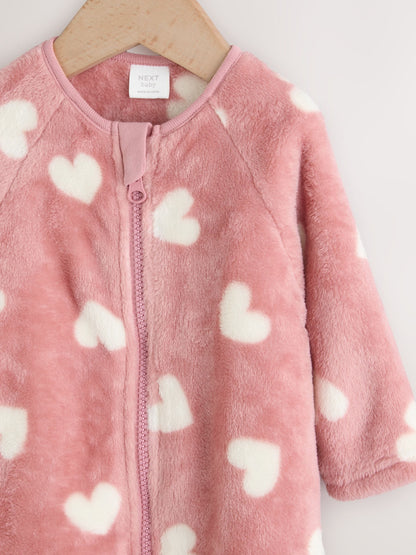 Pink Heart Print Baby Fleece Sleepsuit