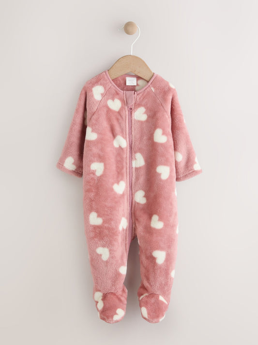Pink Heart Print Baby Fleece Sleepsuit image 1