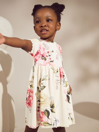Cream Floral Short Sleeve Rib Summer Dress (3mths-7yrs) image 1