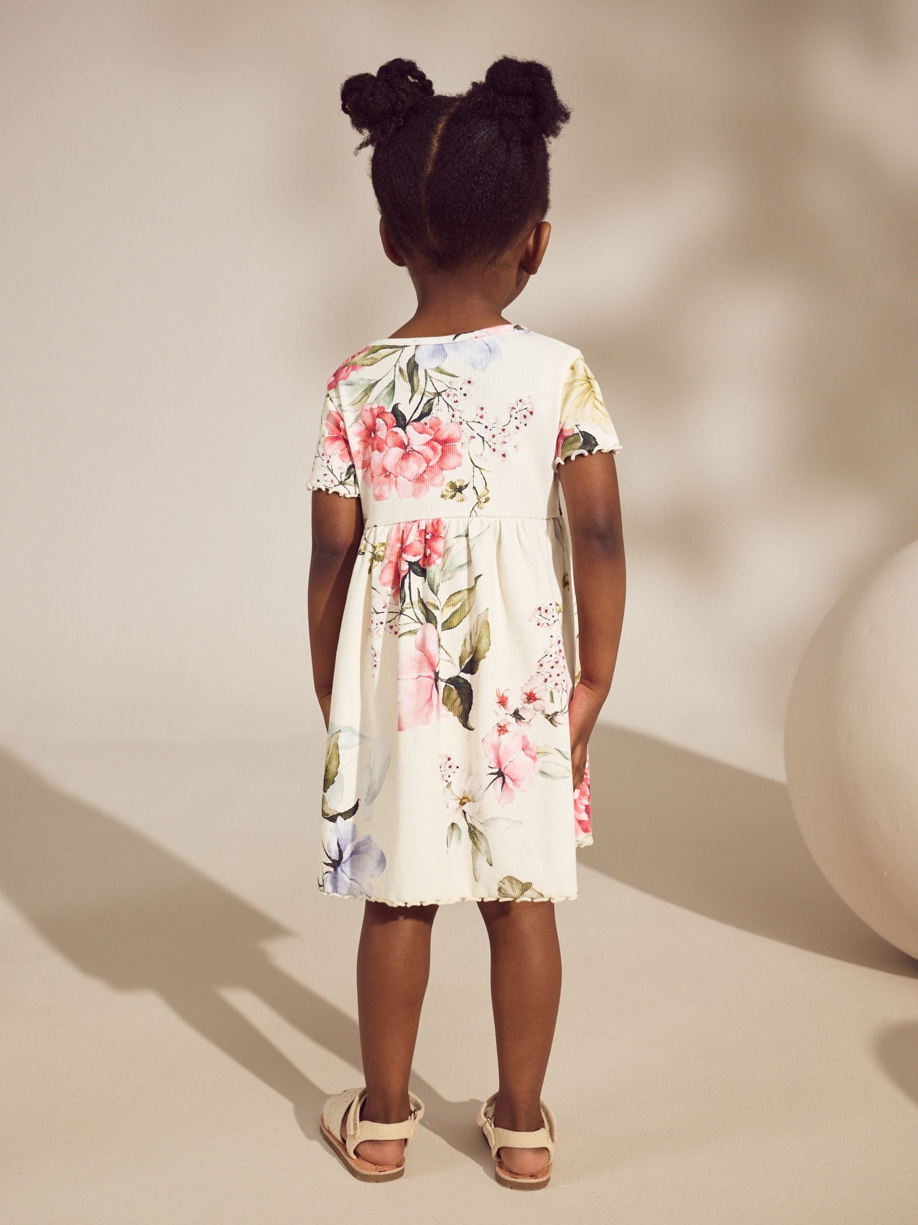 Cream Floral Short Sleeve Rib Summer Dress (3mths-7yrs) image 3