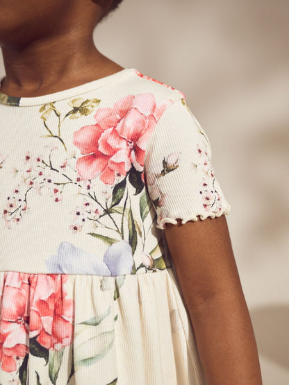 Cream Floral Short Sleeve Rib Summer Dress (3mths-7yrs) image 4