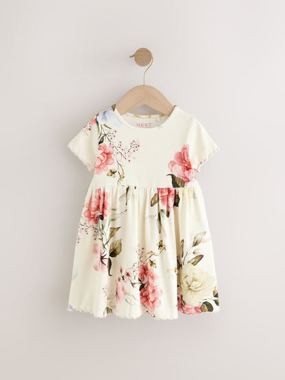 Cream Floral Short Sleeve Rib Summer Dress (3mths-7yrs) image 5