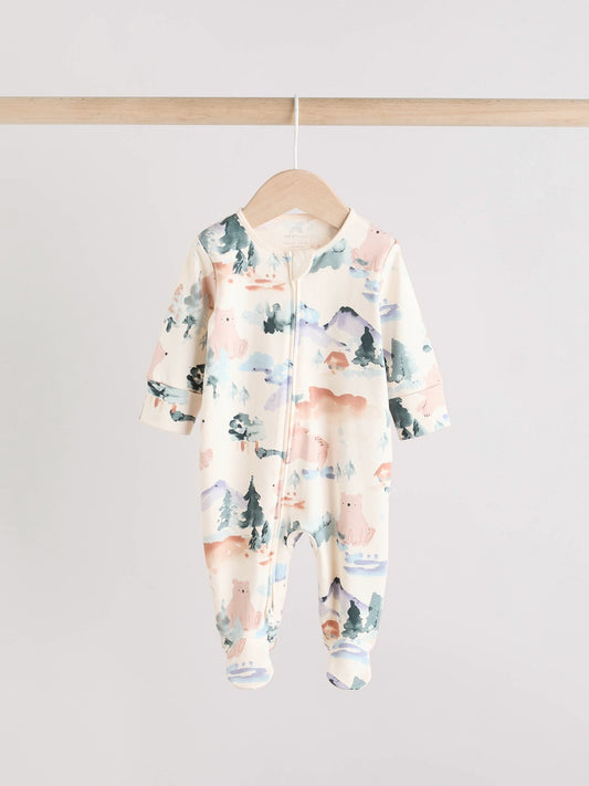 Brown/Orange Baby Two Way Zip Sleepsuits 3 Pack (0-2yrs)