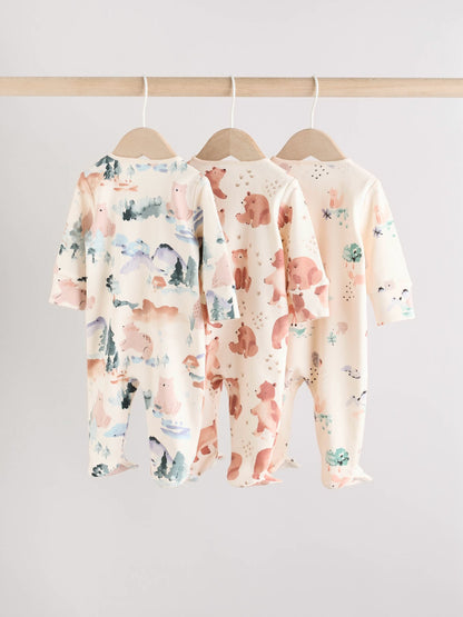 Brown/Orange Baby Two Way Zip Sleepsuits 3 Pack (0-2yrs)