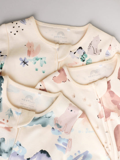 Brown/Orange Baby Two Way Zip Sleepsuits 3 Pack (0-2yrs)