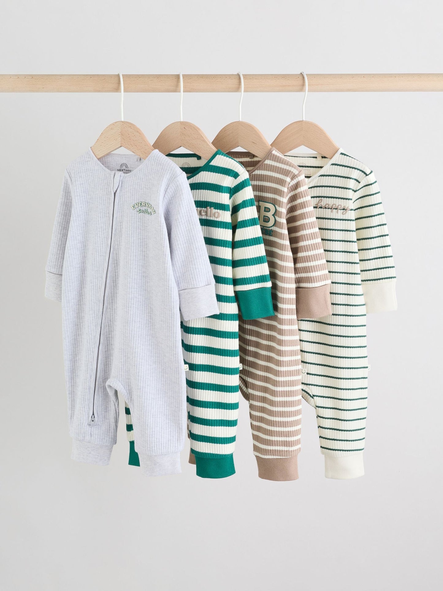 Green/Grey Baby Two Way Zip Footless Sleepsuits 4 Pack (0mths-3yrs)