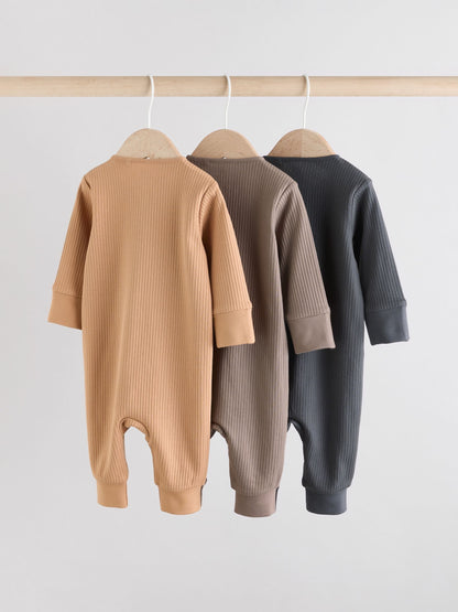 Brown Two Way Zip Baby Footless Sleepsuits 3 Pack (0mths-3yrs)