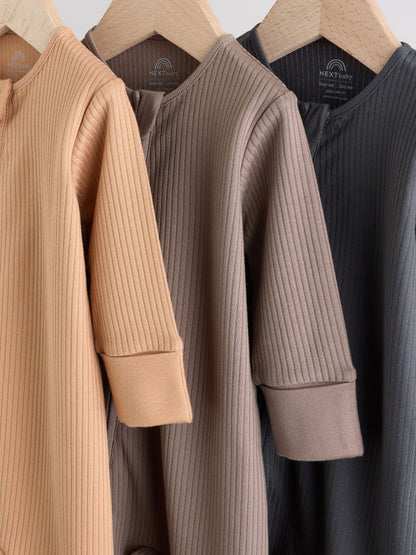 Brown Two Way Zip Baby Footless Sleepsuits 3 Pack (0mths-3yrs)