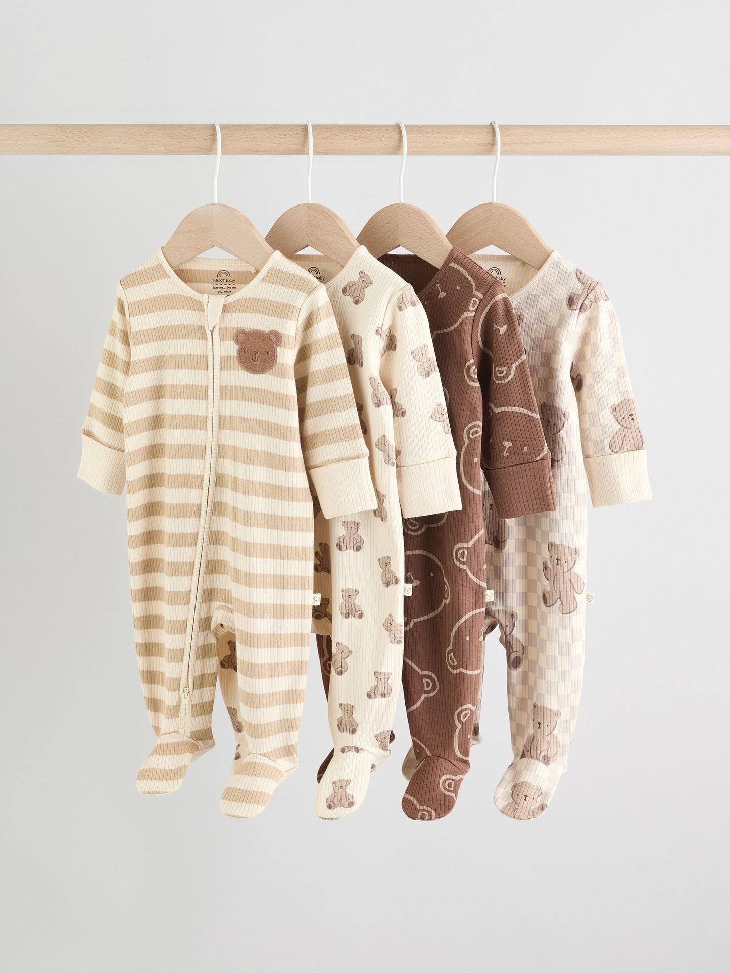 Brown Bear Print Two Way Zip Baby Sleepsuits 4 Pack (0mths-2yrs)