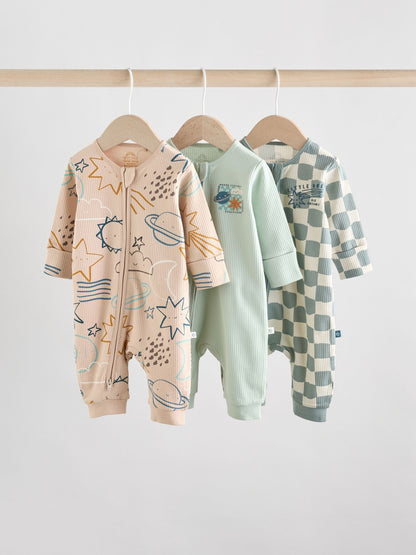 Light Blue 3 pack Baby Two Way Zip Footless Cotton Sleepsuits (0mths-3yrs)