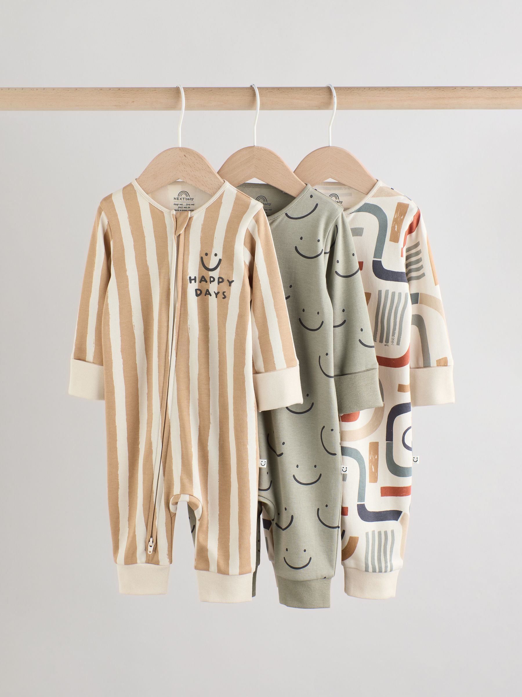 Olive Green 3 Pack Baby Sleepsuits (0mths-3yrs) image 1