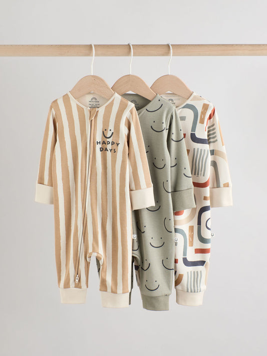 Olive Green 3 Pack Baby Sleepsuits (0mths-3yrs) image 1
