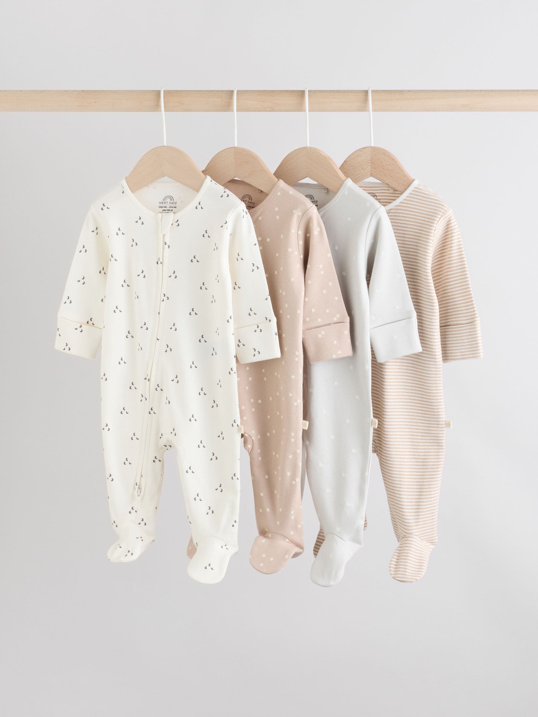 Cream 4 Pack Two Way Zip Baby Sleepsuits (0-2yrs) image 1