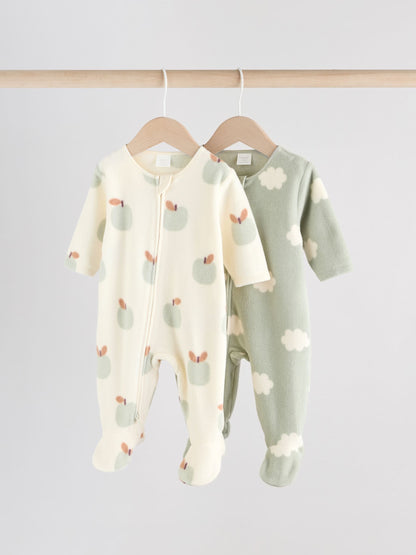 Sage Green Baby Micro Fleece Two Way Zip Sleepsuits 2 Pack