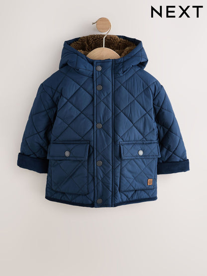 Navy Borg Lined Quilted Coat (3mths-7yrs)