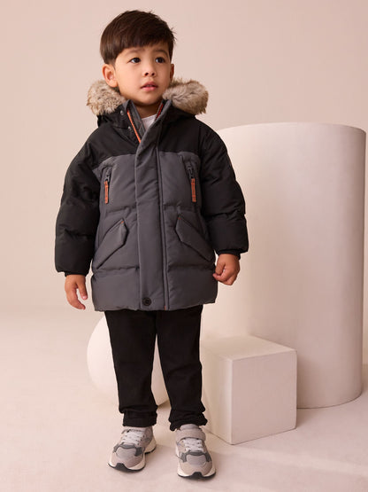 Black/Grey Waterproof Warm Padded Coat (12mths-10yrs)