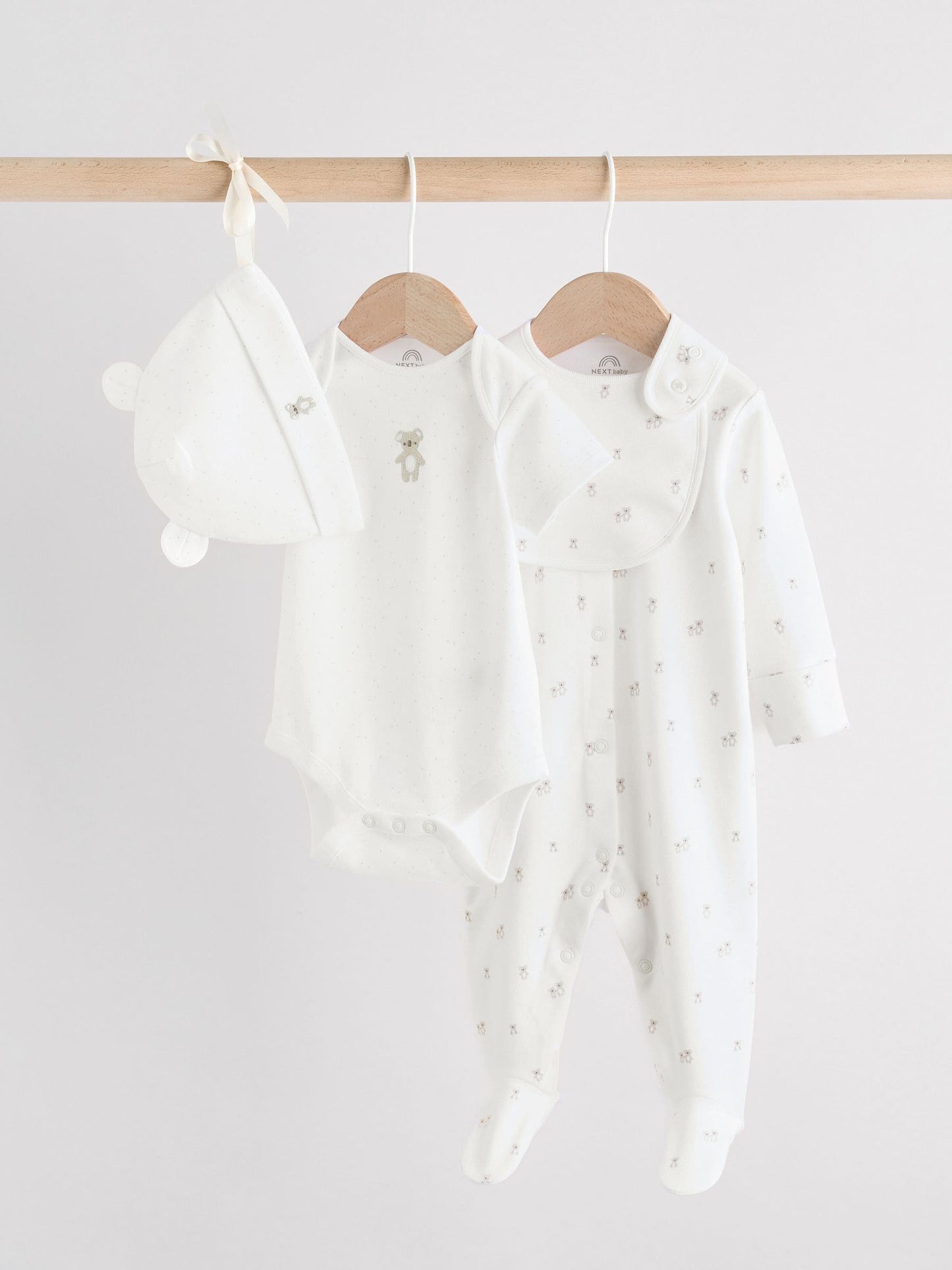 White Baby Sleepsuit, Bodysuit, Beanie and Bib Set 4 Piece (0-9mths) image 1