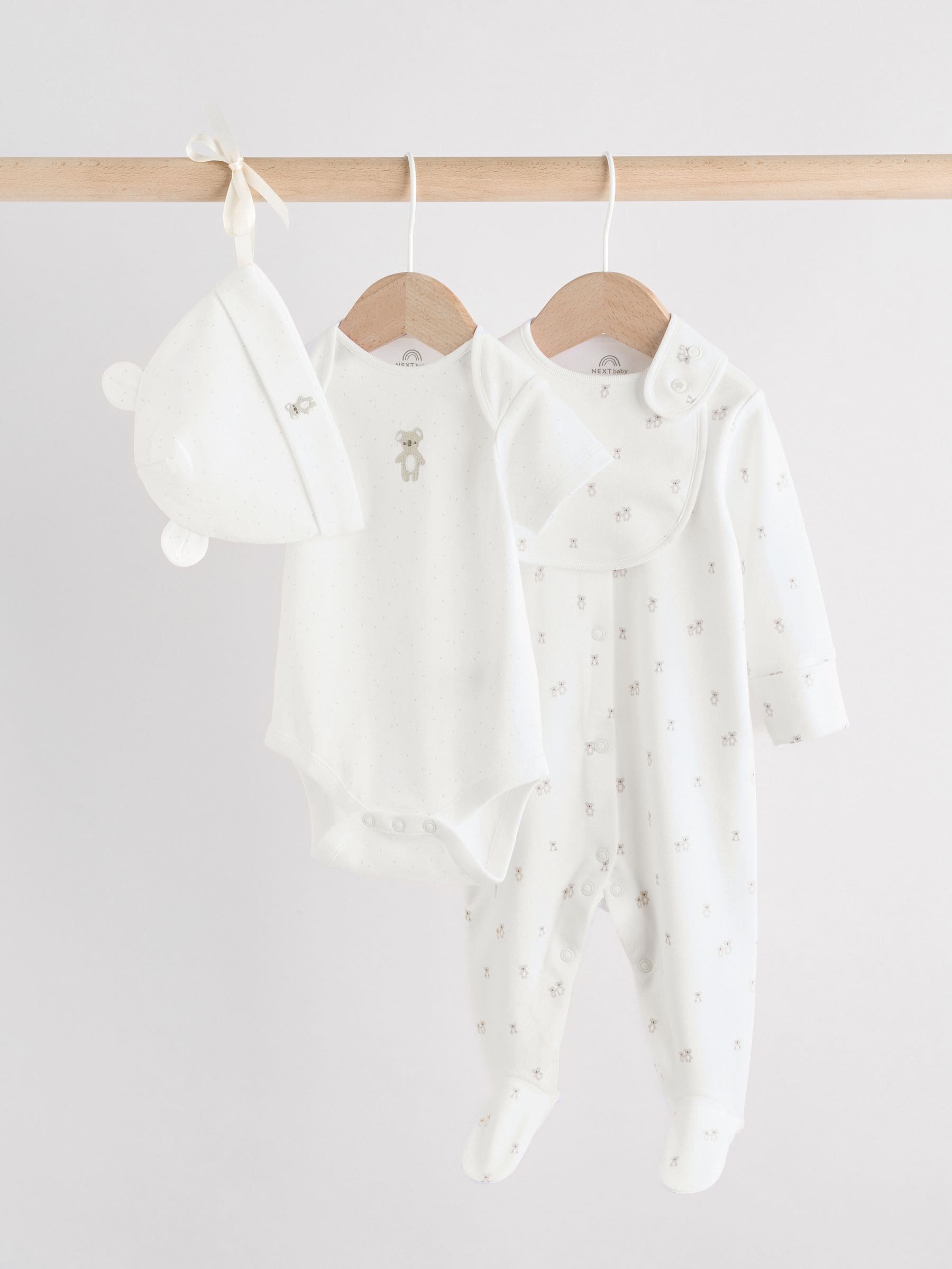 White Baby Sleepsuit, Bodysuit, Beanie and Bib Set 4 Piece (0-9mths) image 1