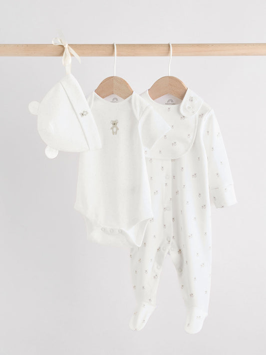 White Baby Sleepsuit, Bodysuit, Beanie and Bib Set 4 Piece (0-9mths) image 1