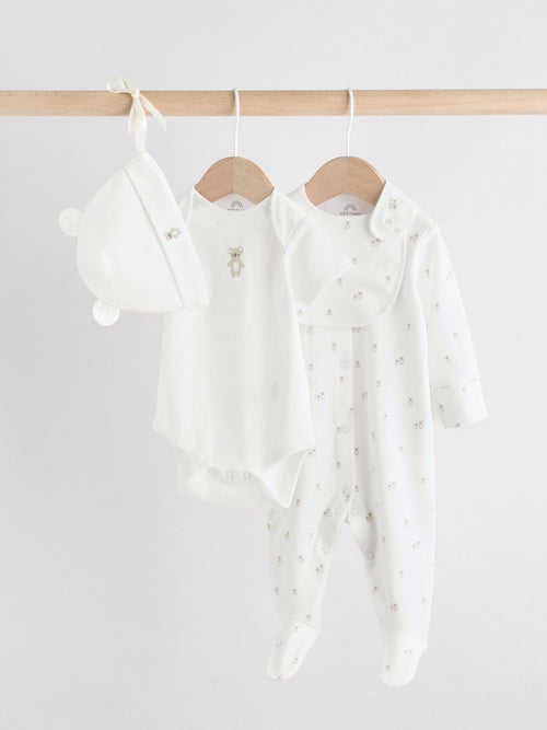 White Baby Sleepsuit, Bodysuit, Beanie and Bib Set 4 Piece (0-9mths) image 1