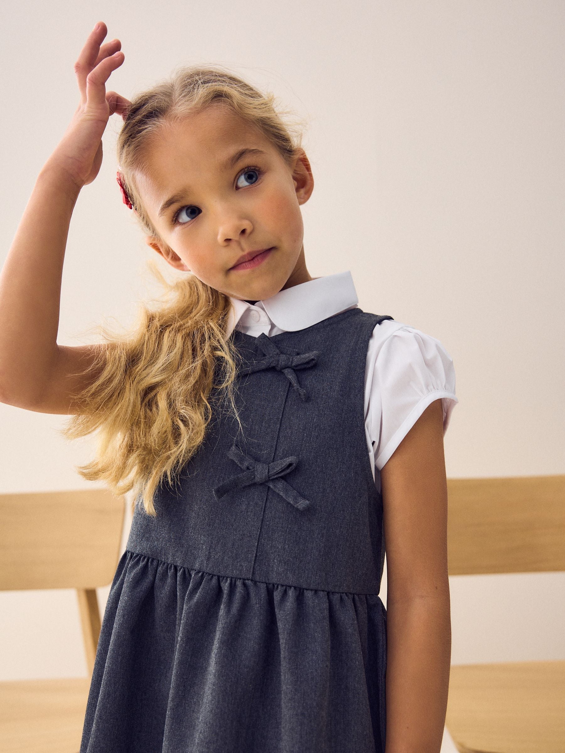 Grey Asymmetric Bow Front School Pinafore Dress (3-14yrs) image 3