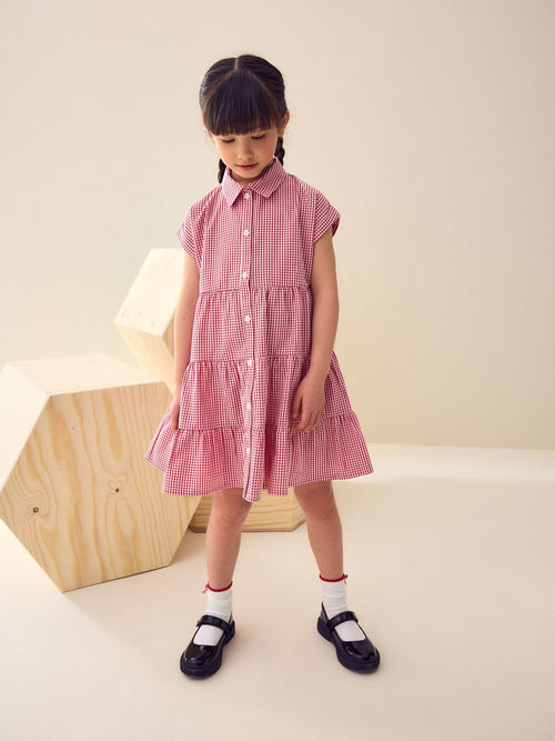 Dsiney Kidz - Red Cotton Rich School Gingham Tiered Shirt Collar Dress (3-14yrs) image 1